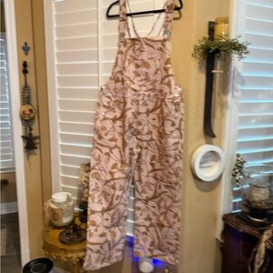 Polagram Pink Floral Overalls with Brown Leaf Print